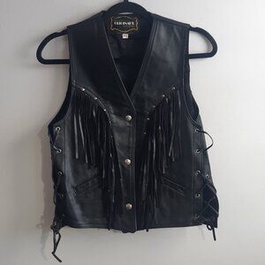 Vintage Genuine Leather Fringe Vest Biker Western Black Lace Up Made in Canada S